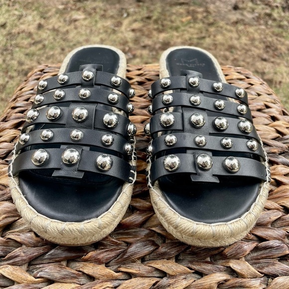 Marc Fisher Black Studded Strappy Tamie Platform Slip On Leather Espadrille Sz 8 - Picture 2 of 11